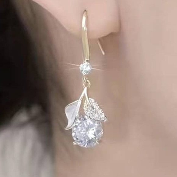 Zircon Ginkgo Leaf Hook Earrings Shiny Sparkle Dangle Drop Festive Sparkle‎ - Picture 3 of 16